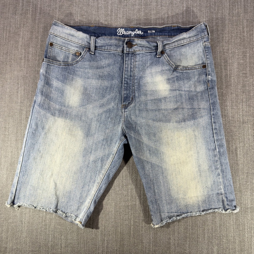 Wrangler Shorts Mens 38 Blue Denim Bermuda Slim Fit Distressed Cutoff Raw Hem